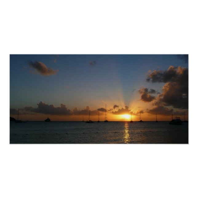 Póster Sunset com Imagem de Paisagem Tropical de Barcos d (Frente)