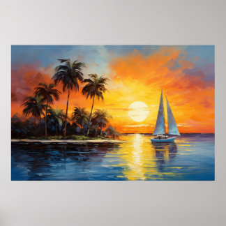Poster Sunset da Flórida com Pintura a Óleo em veleiro