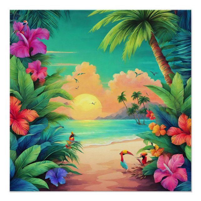 Póster Sunset de praia tropical com flores de Hibiscus (Frente)