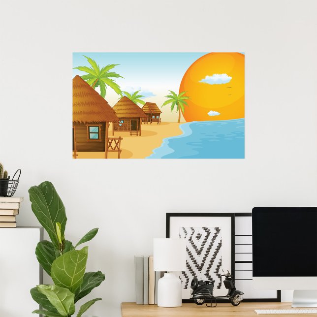 Poster Sunset de praia tropical com Thatch Huts (Criador carregado)