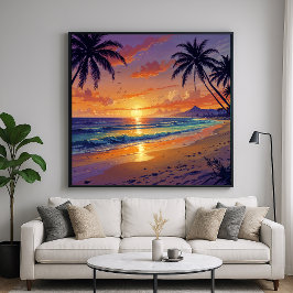 Poster Sunset de praia tropical - Estilo de ilustração