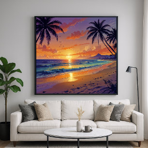 Poster Sunset de praia tropical - Estilo de ilustração