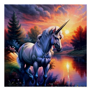 Póster Sunset Lake River Unicorn Seven