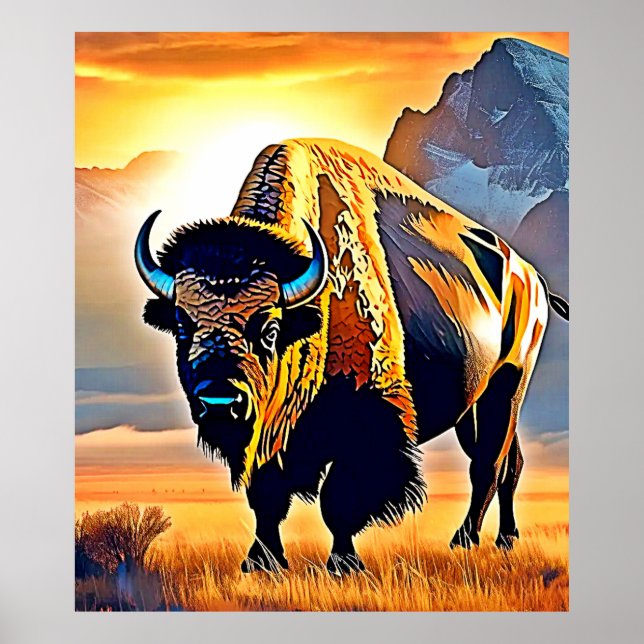Poster Sunset Mountain Bison Art Design (Frente)