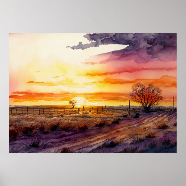 Poster Sunset Na Prairie Watercolor (Frente)