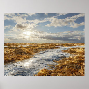 Poster Sunset Pacífico Sobre Campo De Graça Ouro