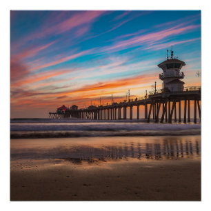 Póster Sunset por Huntington Beach Pier na Califórnia