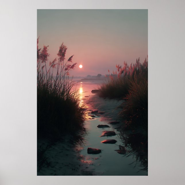 Poster Sunset Reeds Stream Coastal Path Glow (Frente)
