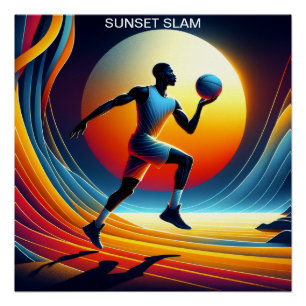 Póster Sunset Slam: Jogador Dinâmico de Basquete
