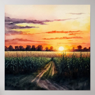 Poster Sunset Sobre a Cor da Água do Campo do Milho