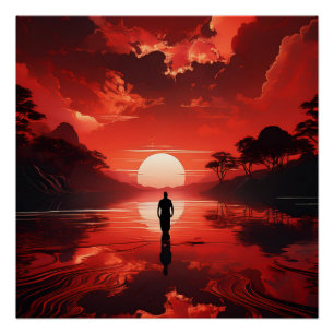 Póster Sunset Sobre Águas Calmas - Reflexão Céu Vermelho