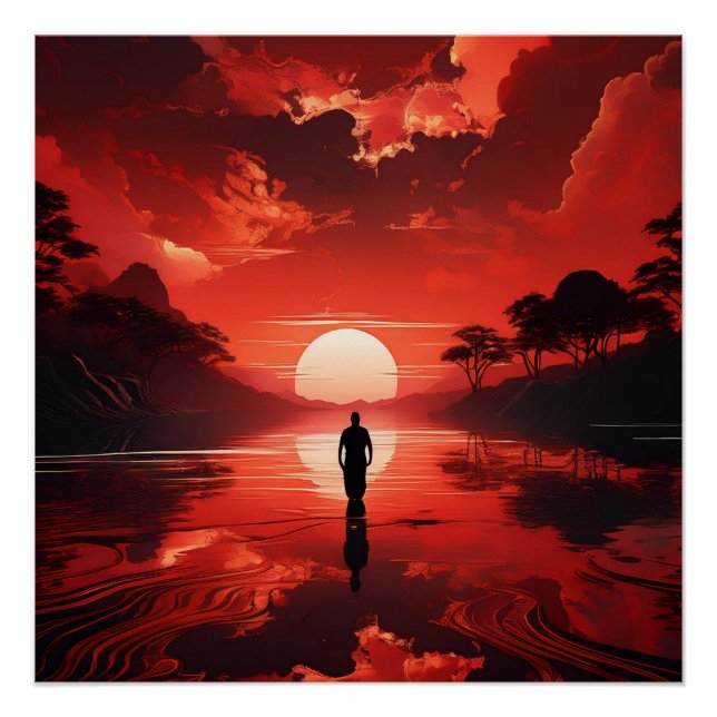 Póster Sunset Sobre Águas Calmas - Reflexão Céu Vermelho (Frente)