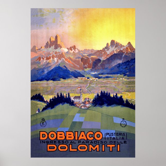 Poster Sunset sobre Dobbiacho, montanhas Dolomites, Itáli (Frente)