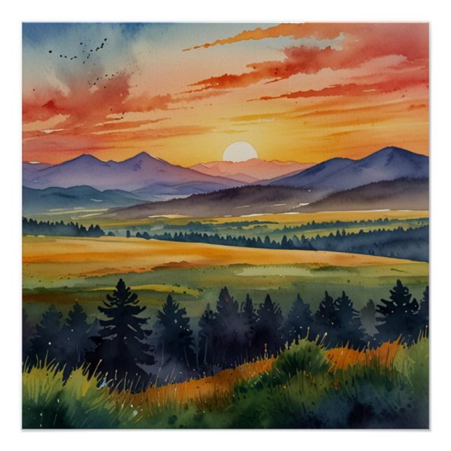 Póster Sunset Sobre Montanhas Watercolor (Frente)