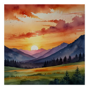 Póster Sunset Sobre Montanhas Watercolor