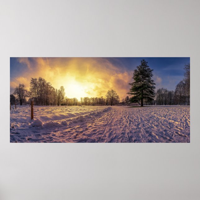 Poster Sunset sobre o parque de inverno de neve (Frente)