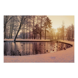 Póster Sunset sobre parque com lago congelado pequeno