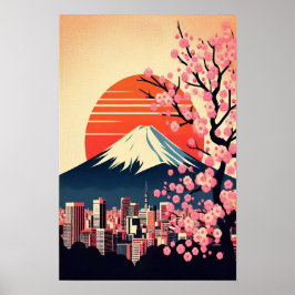 Poster Sunset sobre Tóquio com Blossomas de Cereja