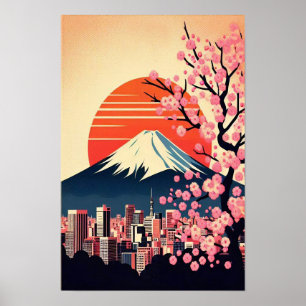 Poster Sunset sobre Tóquio com Blossomas de Cereja