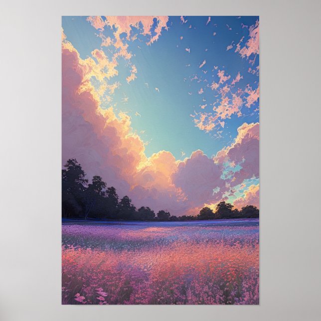 Poster Sunset Sobre um Campo de Flores Rosa e Azul (Frente)