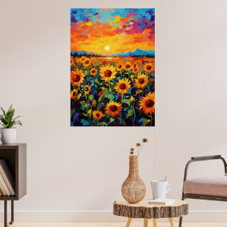 Poster Sunset Sunflower Field Wall Art