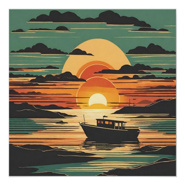 Póster Sunset Tropical com Barco e Nuvens Negras (Frente)