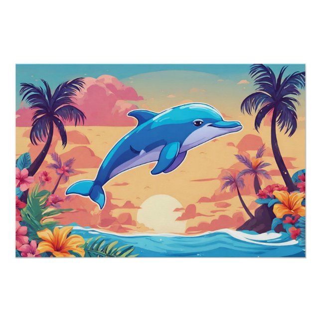 Póster Sunset Tropical e Golfinho (Frente)