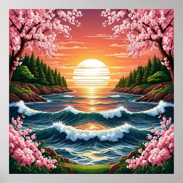 Poster Sunset Vibrante Sobre Ondas Oceânicas (Frente)