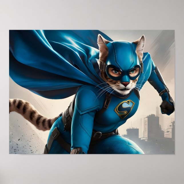 Poster Super-herói Felino de Capa Azul Vibrante com Óculo (Frente)