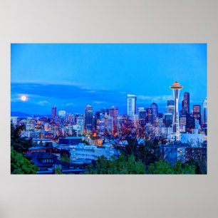 Póster Super Lua nascendo perto da silhueta de Seattle