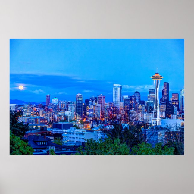 Póster Super Lua nascendo perto da silhueta de Seattle (Frente)