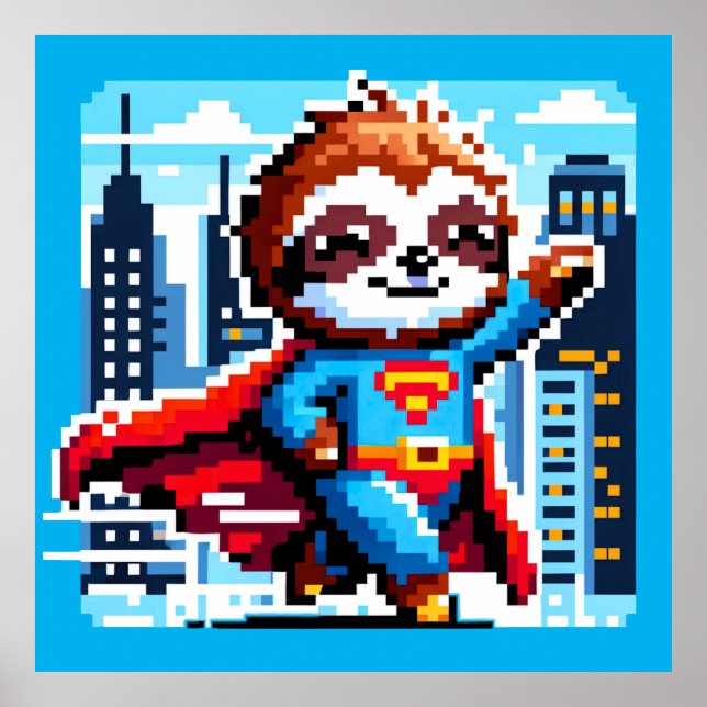 Poster Super Sloth Funny Pixel Art Hero Cityscape Design (Frente)