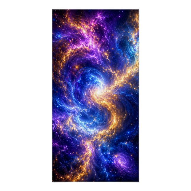 Póster Supernova Vórtice: Arte Espacial em Dourado e Azul (Frente)