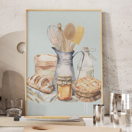 Poster Suprimentos de Padaria Utensílios de Cozinha Aquar