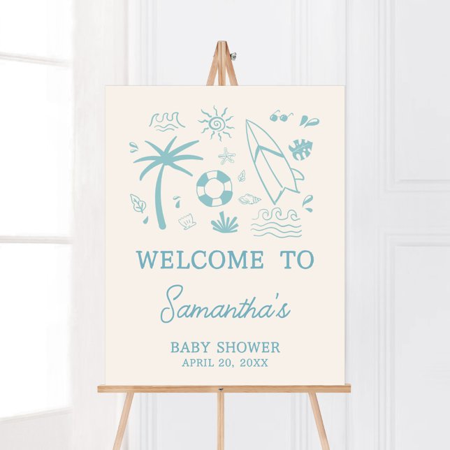 Poster Surf Azul Bebê no Chá de fraldas Conselho Bem-vind (Blue Surf Baby on Board Baby Shower Welcome Sign)