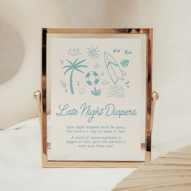 Poster Surf Azul Bebê no Conselho Fraldas Noturnas Tardes (Blue Surf Baby on Board Baby Shower Late Night Diapers Sign)