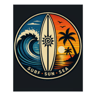 Póster Surf Sol Mar Crachá Vintage – Onda do Pôr do Sol d