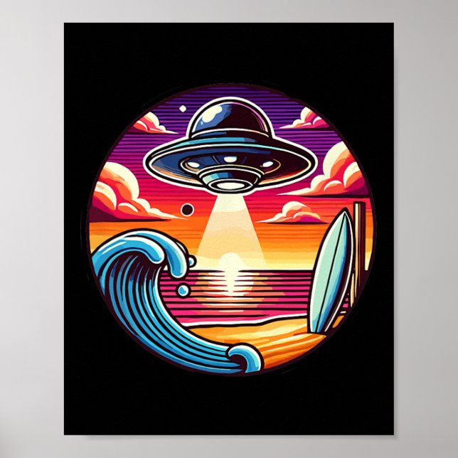 Poster Surf Surfing Surfer Wave Ocean Sunset Outer Space  (Frente)