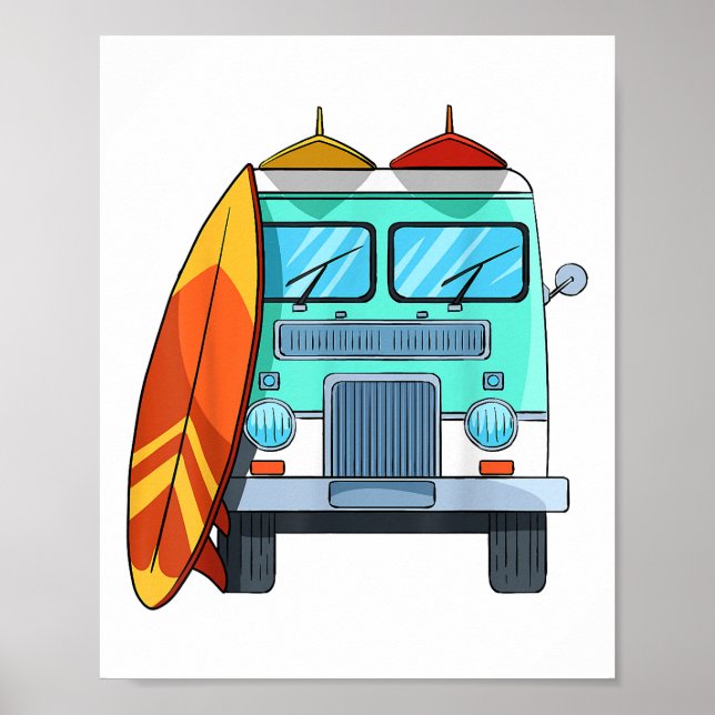 Poster Surf Van Surfboard Palm Tres Surfing Surfer Waves (Frente)