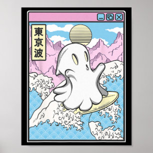 Poster Surfando Fantasma Em Ondas Japonesas Anime Kawaii