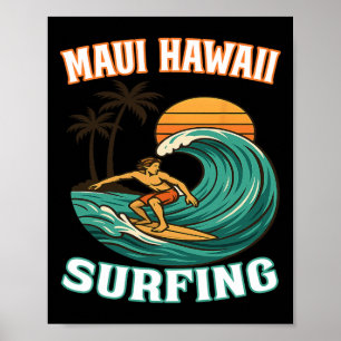 Poster Surfando no Maui Havaí Antigo - Praia de Maui Hava