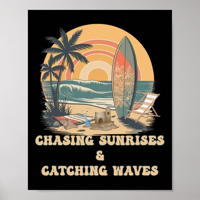 Poster Surfando Ondas Perseguindo Nascer do Sol Surfistas (Frente)