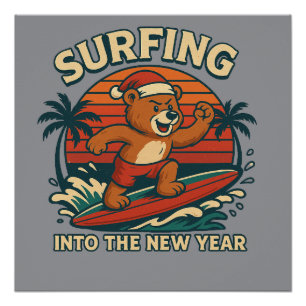 Póster Surfando para o Ano Novo - Urso Vintage Retro dos