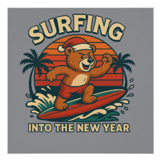 Póster Surfando para o Ano Novo - Urso Vintage Retro dos