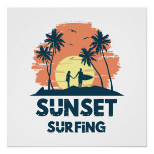 Póster Surfando - Surfando ao pôr do sol