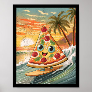 Poster Surfando uma fatia de pizza em uma onda na praia t