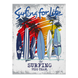 Póster Surfar na Arte de Surf Retrospectiva Vibrante para
