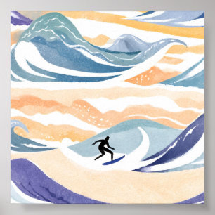Poster Surfar na Onda Oceano em Aquarela Contemporânea
