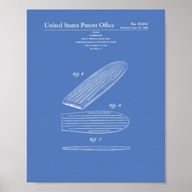 Póster Surfboard 1958 Patent Art Blueprint (Frente)