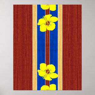 Poster Surfboard de madeira falsa do Hibiscus Amarelo